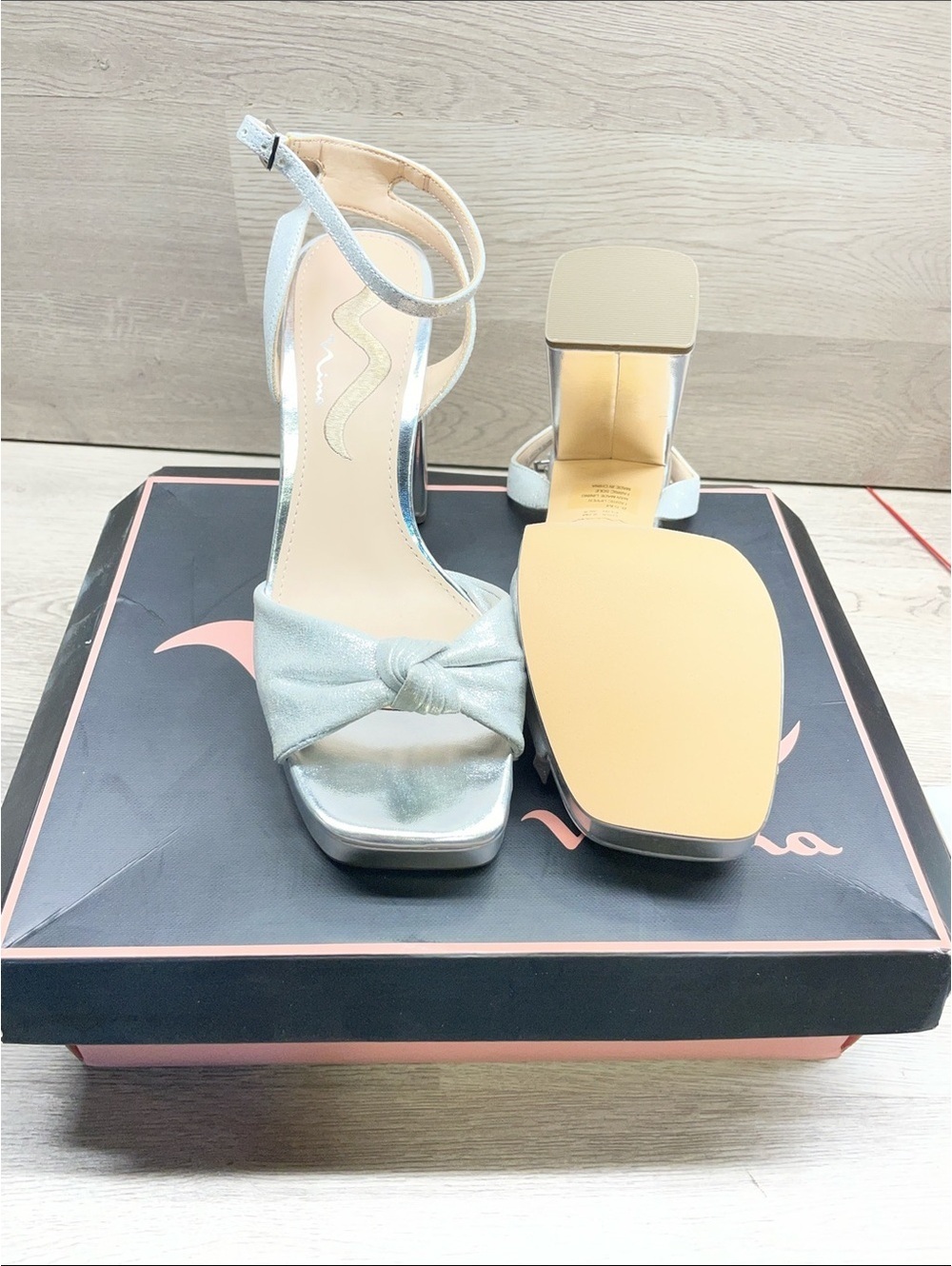 Nina Silver Knot Front Ankle-Strap Platform Heels #146